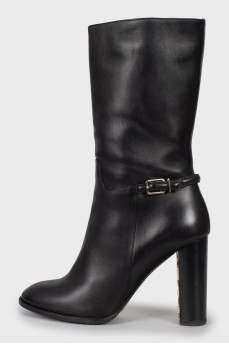 Black leather high heel boots