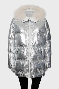 Silver down jacket with fur on the hood