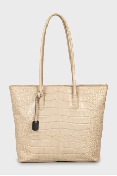 Beige tote bag with embossed leather