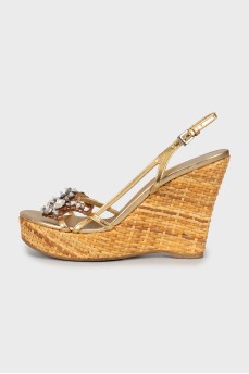 Gold woven wedge sandals
