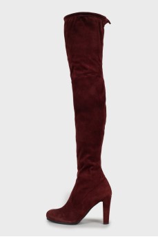 Burgundy suede over the knee boots