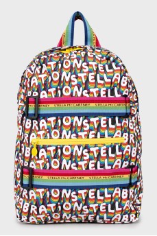 Backpack in a bright print with a tag