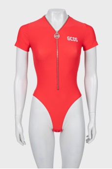Red bodysuit with zipper and tag