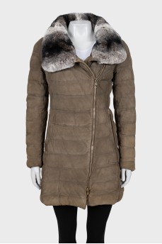 Suede down jacket with fur collar