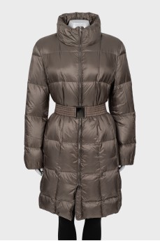Quilted brown down jacket with belt