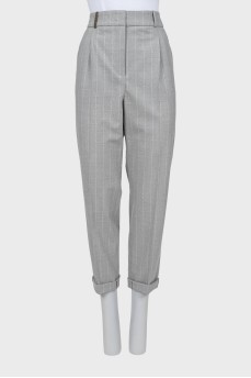 Gray tapered pants with white stripes