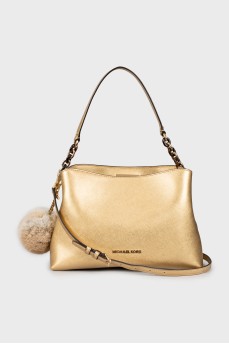 Gold tote bag with pompom