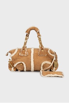 Brown suede and fur tote bag
