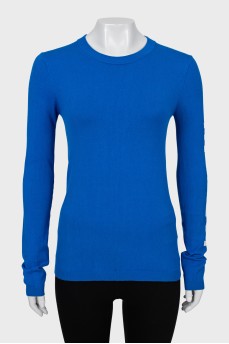 Blue jumper with logo on sleeve