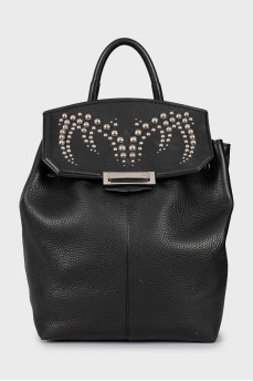 Leather backpack with metal rhinestones