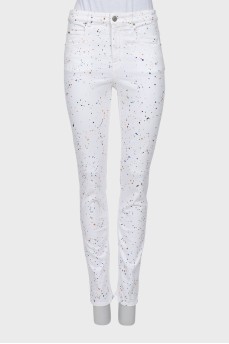 White skinny fit jeans in spotted print