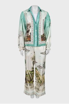 Silk suit with printed trousers