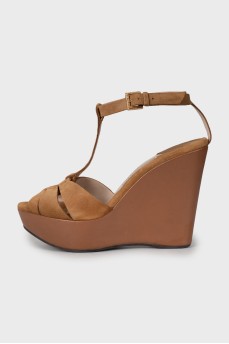 Suede and leather wedge sandals