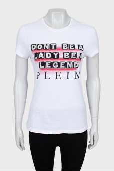 White T-shirt decorated with print and rhinestones