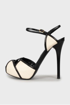 Black and white woven leather sandals