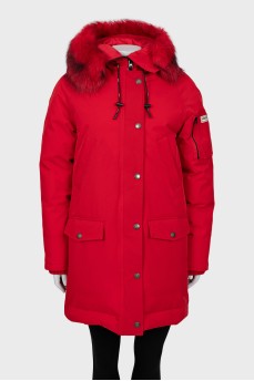 Red parka with fur hood