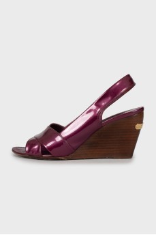 Purple sandals with wooden wedges