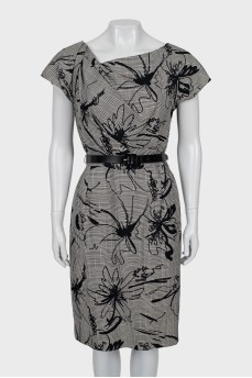Printed dress with leather belt