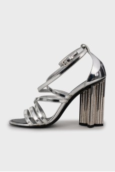 Silver heeled sandals with rhinestones