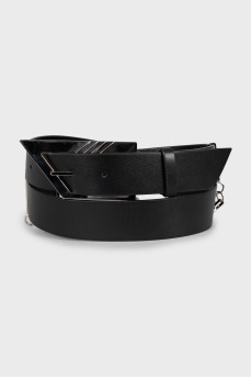 Men's leather belt with silver chain