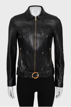 Slim fit leather jacket with logo