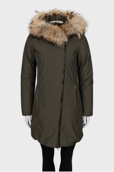 Green parka with bias closure