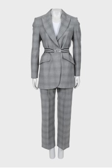 Check print suit with belt