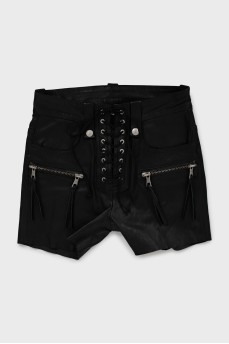 Leather lace-up shorts with tag