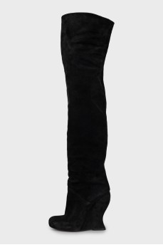 Suede over the knee boots with a figured wedge