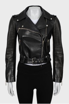 Fitted leather jacket with silver hardware
