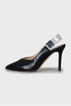 Black slingbacks with embossed leather