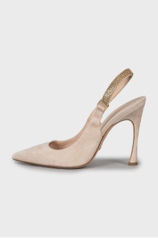 Suede slingbacks with gold strap