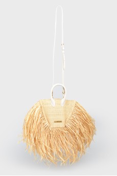 Wicker bag with white handles and belt