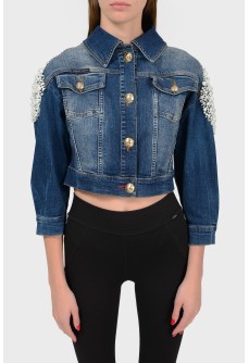 Cropped denim jacket with beads