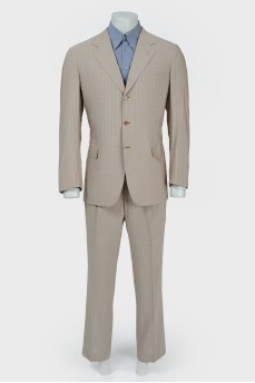Men's suit beige-brown with blue stripes