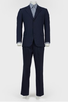 Male suit dark blue in blue-red and gray stripes