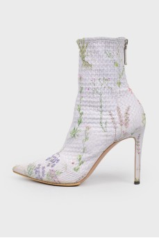 Ankle boots with botanical print and stiletto heels