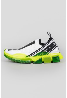 White sneakers with transparent green sole and tag