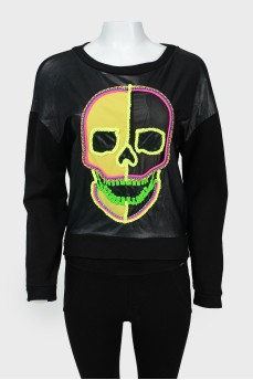 Sweatshirt with skull eco-leather insert