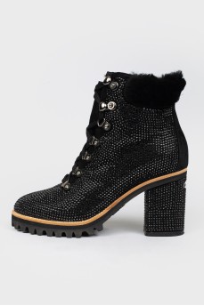 Black boots with rhinestones and fur