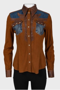 Leather brown jacket with jeans inserts