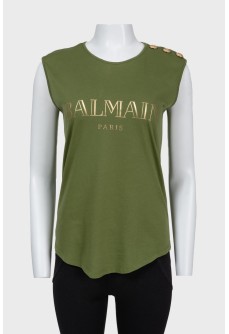 Khaki top with gold brand logo on the front