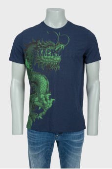 Dark blue men's T-shirt with a green dragon