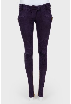 Purple suede jeans with gold hardware