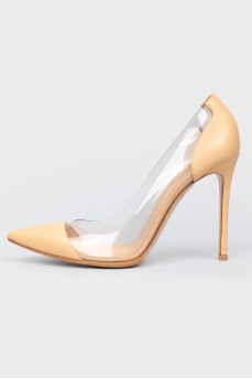Beige leather pumps with sheer insert