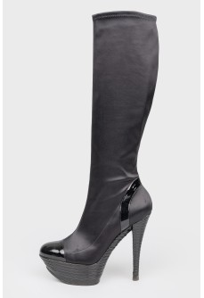 Black textile high heel boots