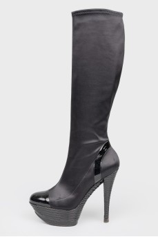 Black textile high heel boots