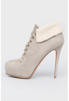 Gray suede ankle boots with fur stiletto heels