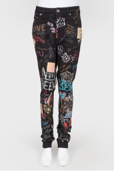 Black jeans with multi -colored drawings and inscriptions