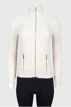 Beige knitted sweaty jacket with a neck